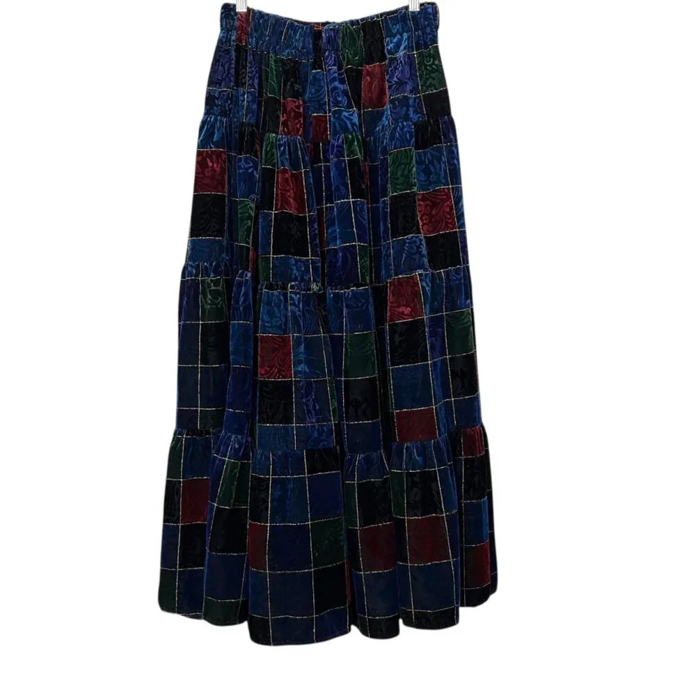 Vintage Velvet Burnout Patchwork Holiday Flowy Tiered Ruffled Maxi Skirt (S/M)